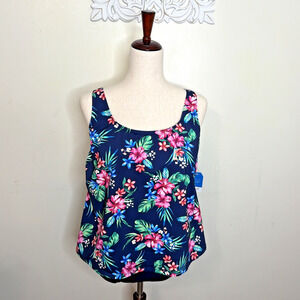 LANDS END Women's 16W 1-Piece Swim Suit Tank Top Brief Bottom Hibiscus BLUE